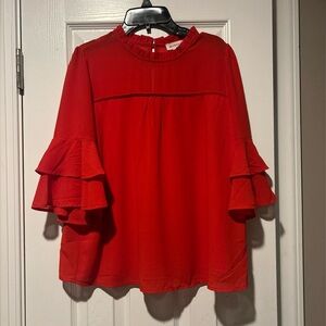 Monteau Red Bell Sleeve Blouse with Mandarin Collar